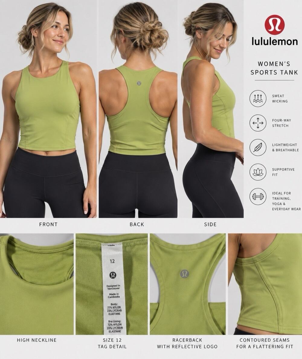 Lululemon Women’s Size 12 Green Racerback Athletic Tank Top Built-In Bra